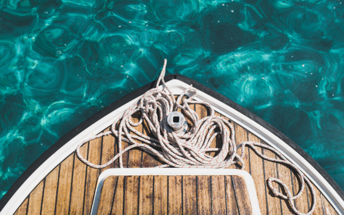 A view from above of the prow of a ship